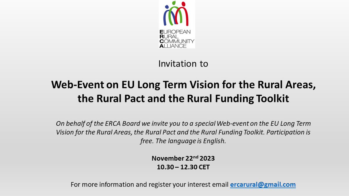 👨‍💻 Join ERCA’s web event on the long-term vision for the EU’s rural areas, the Rural Pact & the Rural Funding Toolkit 💡 🗓️22 Nov 2023 🕑10:30 - 12:30 CET  ℹ️More details & register👉 ercarural@gmail.com #RuralVisionEU #RuralPactEU #RuralRevitalisation #RuralFunding