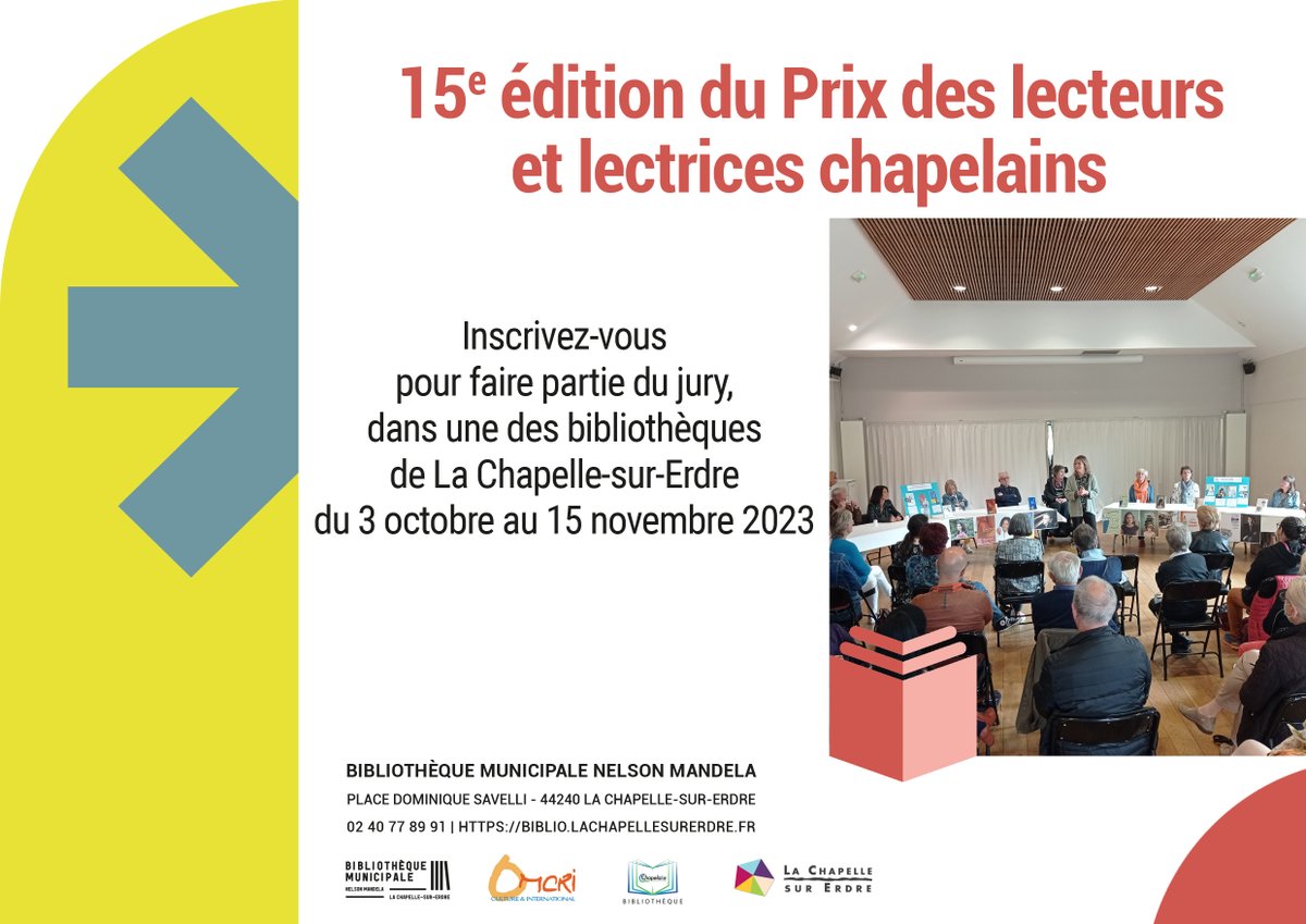 Pour le lancement de son 15ème prix des lecteurs chapelains, la Bibliothèque Municipale Nelson Mandela invite le public à découvrir la sélection de romans du Prix 2023, ce samedi 18 novembre, à 11h, salle Balavoine (22 rue de la Rivière).
En savoir + sur lachapellesurerdre.fr/lancement-du-p…