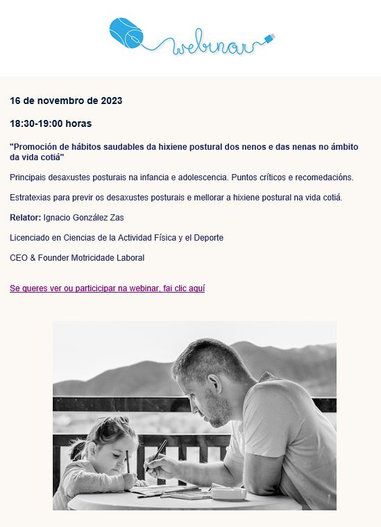 Webinar organizado por @vida_saudable
'Promoción de hábitos saudables na hixiene postural dos nenos e das nenas no ámbito da vida cotiá'
Relator: @NachoGZas #EFD 9.751
🗓️ 16/11/2023
🕘 Ás 18:30
Podes ver ou particicipar na webinar 👇🏽
youtube.com/watch?v=DwPbEt…