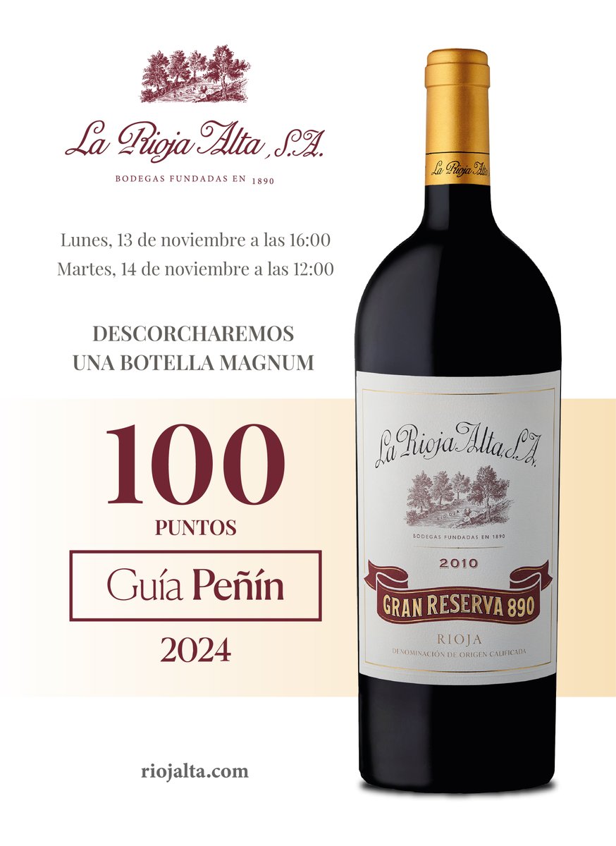 Bodega La Rioja Alta, S.A. (@lariojaaltasa) on Twitter photo ¿Visitas hoy el Salón <a href="/guiapenin/">Guía Peñín</a>?
¿Quieres degustar la cosecha 2010 de Gran Reserva 890 con💯puntos?
¡Te esperamos en nuestra mesa 1️⃣9️⃣2️⃣!
Estás son las citas, para hoy y mañana... ¿Visitas hoy el Salón <a href="/guiapenin/">Guía Peñín</a>?
¿Quieres degustar la cosecha 2010 de Gran Reserva 890 con💯puntos?
¡Te esperamos en nuestra mesa 1️⃣9️⃣2️⃣!
Estás son las citas, para hoy y mañana...