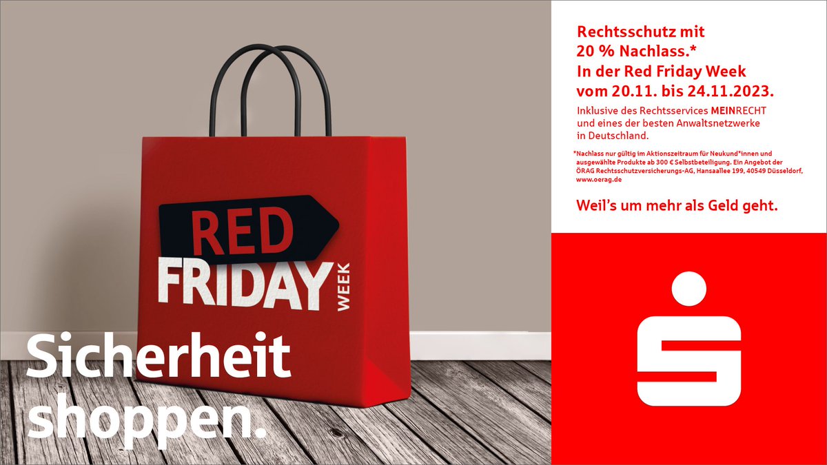 SparkasseDA's tweet photo. #Rechtsschutz bedeutet #Sicherheit ‼ 🔒 Sichert Euch in der #RED-Friday-Week vom 20.11. bis zum 24.11.2023 einen 20%-igen Nachlass auf eine #Rechtsschutzversicherung. Weitere Infos findet Ihr hier: https://t.co/mKaVR05TT3 https://t.co/K8JQIbtf2e