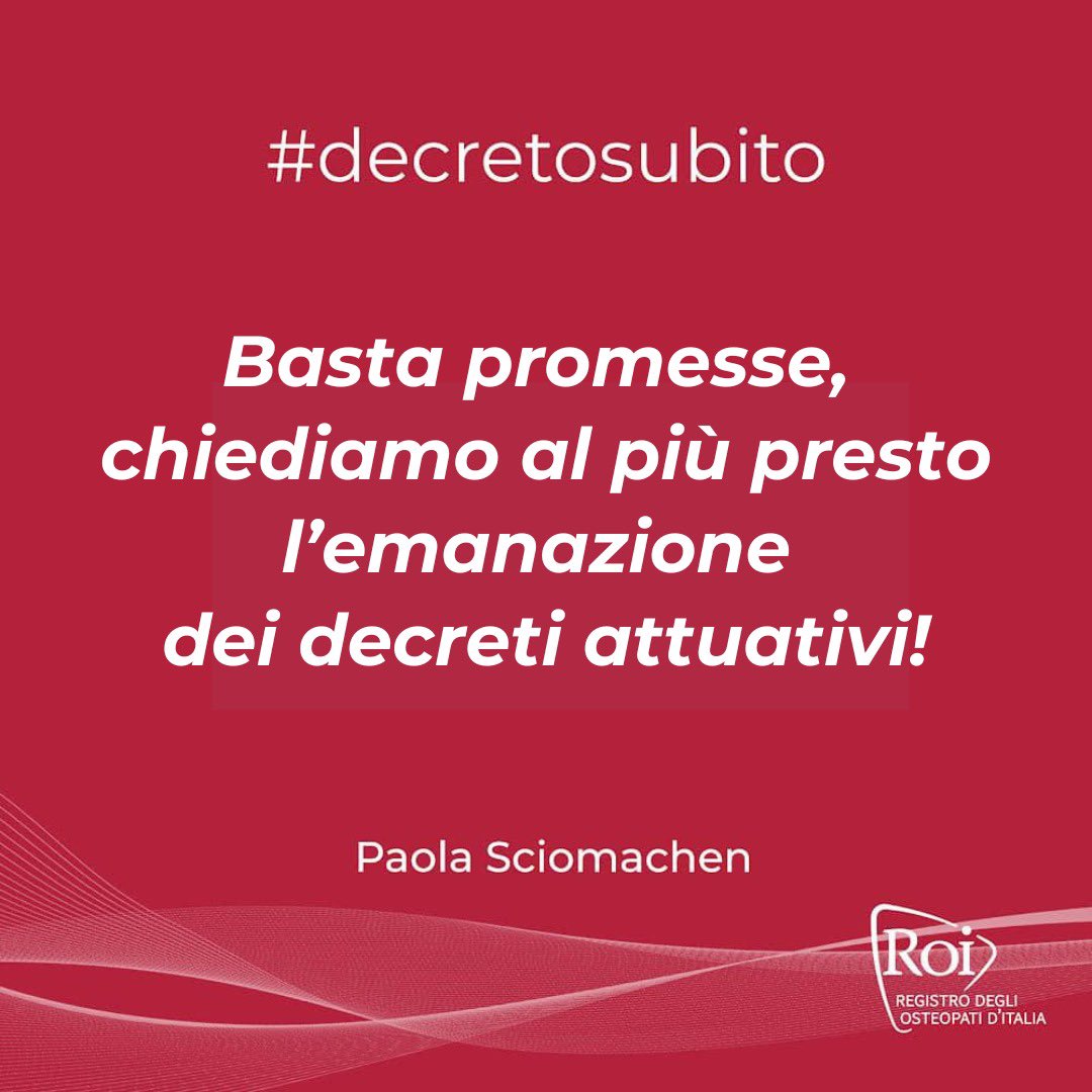 Chiediamo l’emanazione dei decreti attuativi previsti dalla Legge 3/2018 per concludere il riconoscimento della figura professionale dell’osteopata.
#decretosubito #osteopatiasubito #osteopatia #osteopata
<a href="/mur_gov_/">Ministero dell'Università e della Ricerca</a> 
<a href="/MinisteroSalute/">Ministero della Salute</a> 
<a href="/BerniniAM/">Anna Maria Bernini 🇮🇹</a> 
<a href="/AntonioDePoli/">Antonio De Poli</a> 
<a href="/PierantonioZ/">pierantonio zanettin</a>