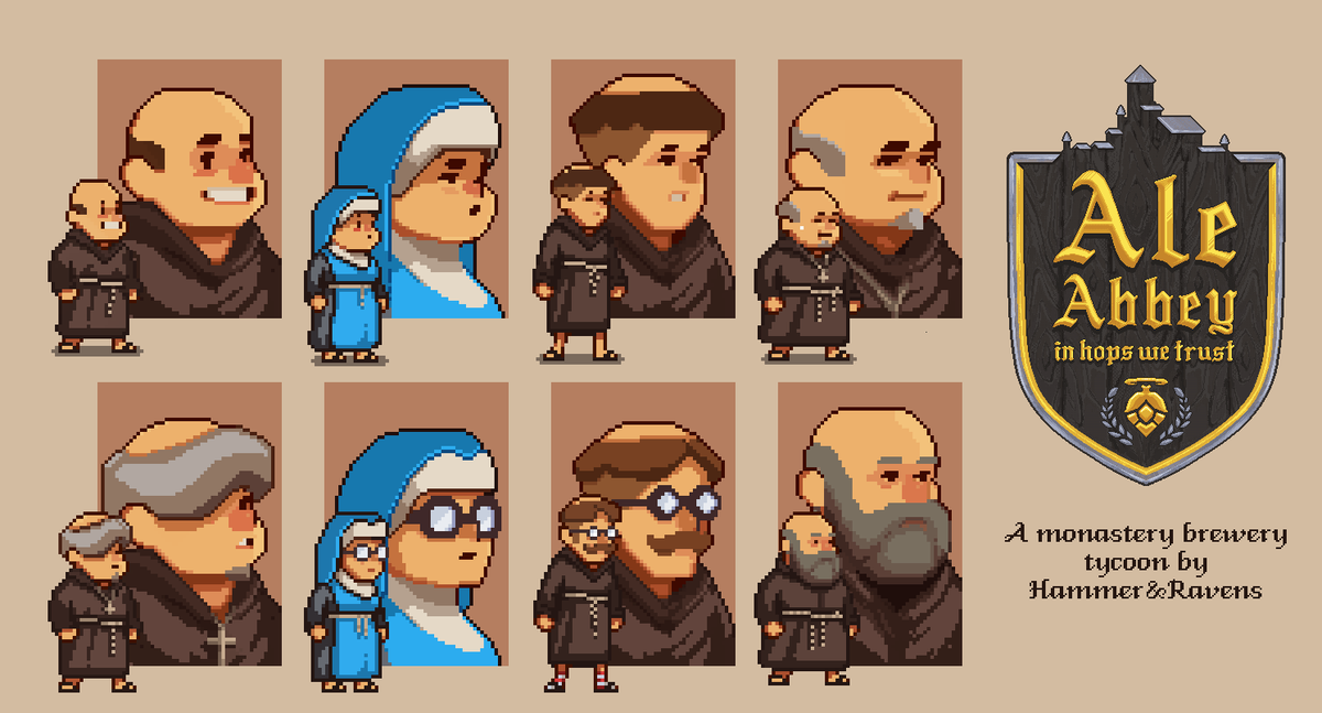 Ham_Rav's tweet image. New day, new brewers! Half of the brewing team is now endowed with proper portaits. 4 more monks and 4 more nuns coming soon. And don't worry about inclusivity, we got you covered 😉🙏🍻

#indiedev #gamedev #pixelart #characterdesign