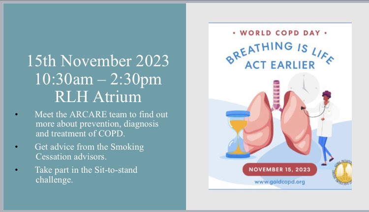🚨 Join us on Wednesday 15th at the Royal London Hospital Atrium to find out more about COPD. @RoyalLondonHosp @NHSBartsHealth #worldcopdday