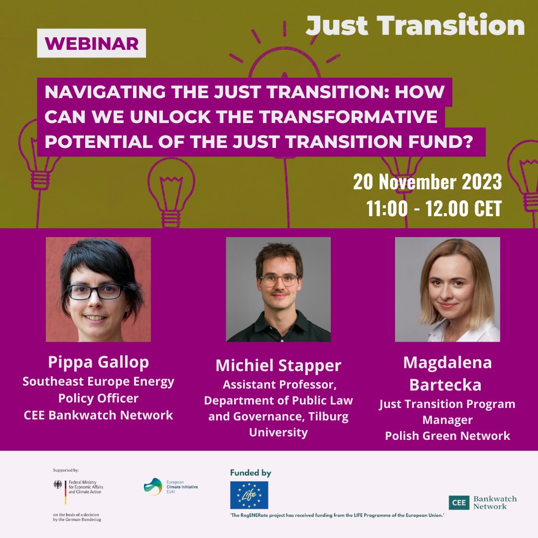 📅⏰Join us on 20 November for the latest webinar in our series on ‘Navigating the just transition’. 

🔓Our panellists will discuss the types of projects that can best unlock the transformative potential of the Just Transition Fund. Register to take part: us02web.zoom.us/webinar/regist…