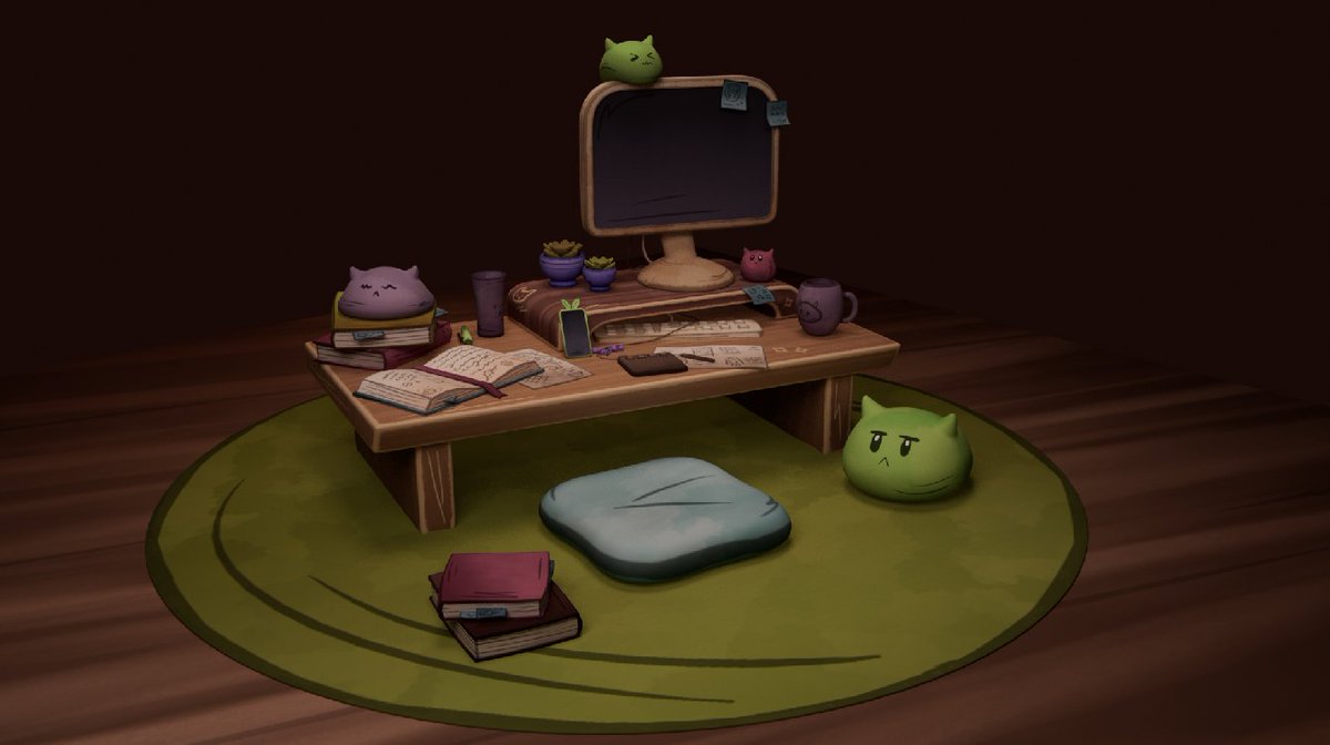 IT'S FINISHED✨🌱💐 A cute desk setup inspired by @loftiadev and their upcoming game #3dmodeling #3dartwork