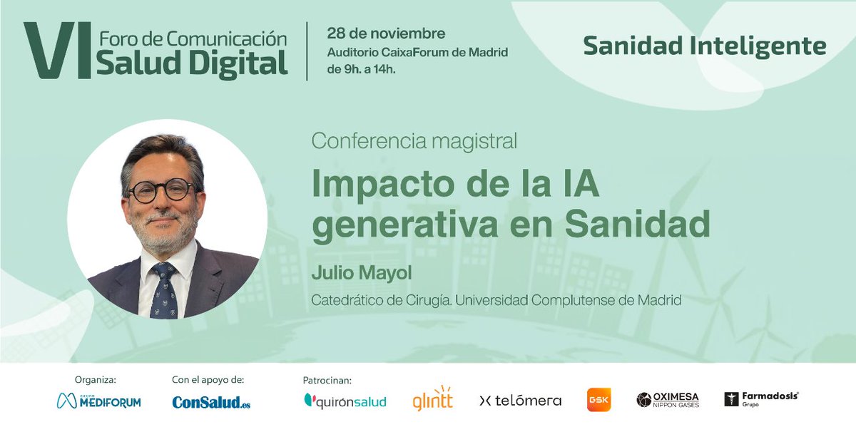 El catedrático de la <a href="/unicomplutense/">Complutense</a>, cirujano y experto en #SaluDigital, <a href="/juliomayol/">Julio Mayol</a>, presentará la conferencia magistral del VI #ForoSD, una charla que tratará sobre el impacto de la #InteligenciaArtificial generativa en #sanidad