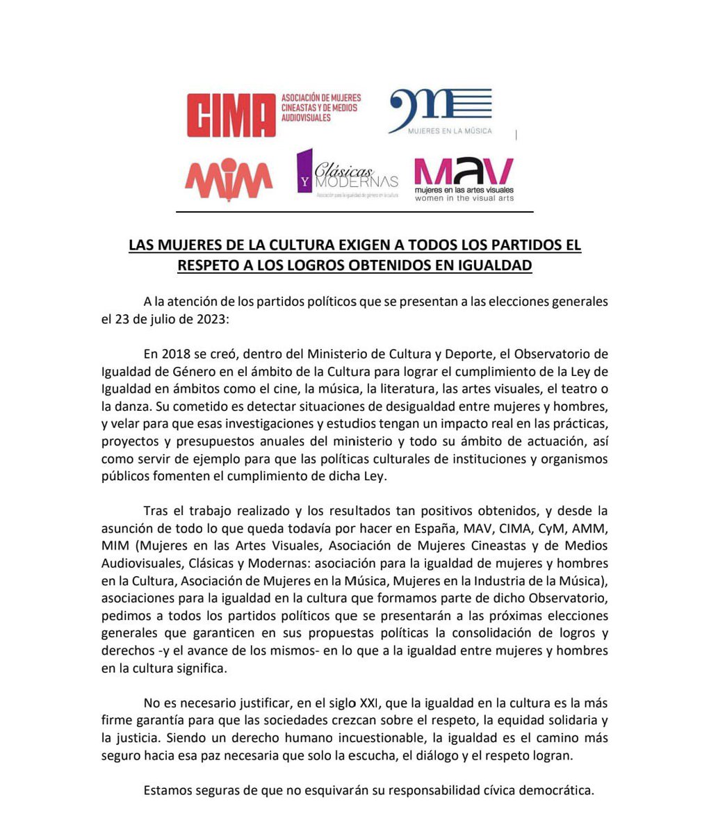 CyM_tw's tweet photo. LAS MUJERES DE LA CULTURA EXIGEN A TODOS LOS PARTIDOS EL RESPETO A LOS LOGROS OBTENIDOS EN IGUALDAD.
#MujeresDeLaCultura #CulturaEnIgualdad #MásMujeresEnLaCultura https://t.co/7JCcuKOtza