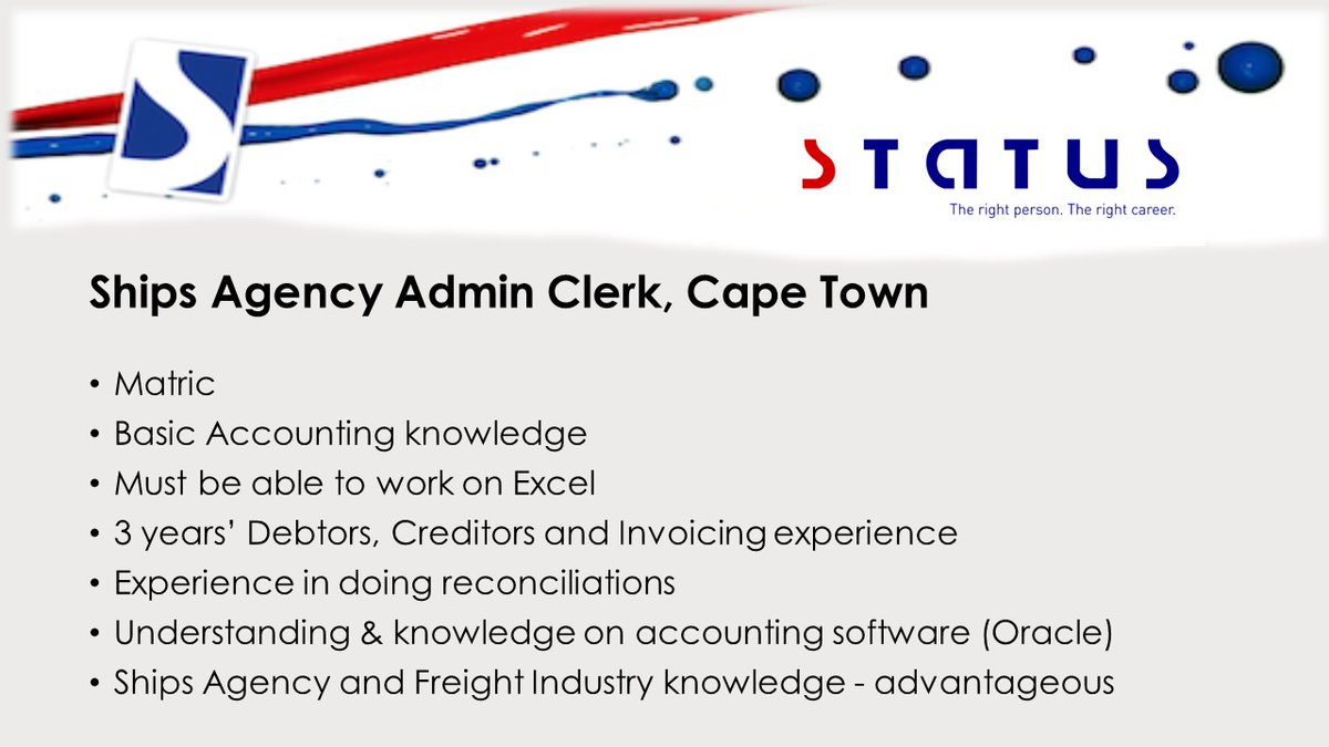 StatusStaffing's tweet photo. Admin Clerk in Cape Town with basic accounting knowledge https://t.co/KgXALwuVqZ #StatusStaffing #Adminclerk #Financialclerk #Oracle #Freight https://t.co/suNJB6YcBQ