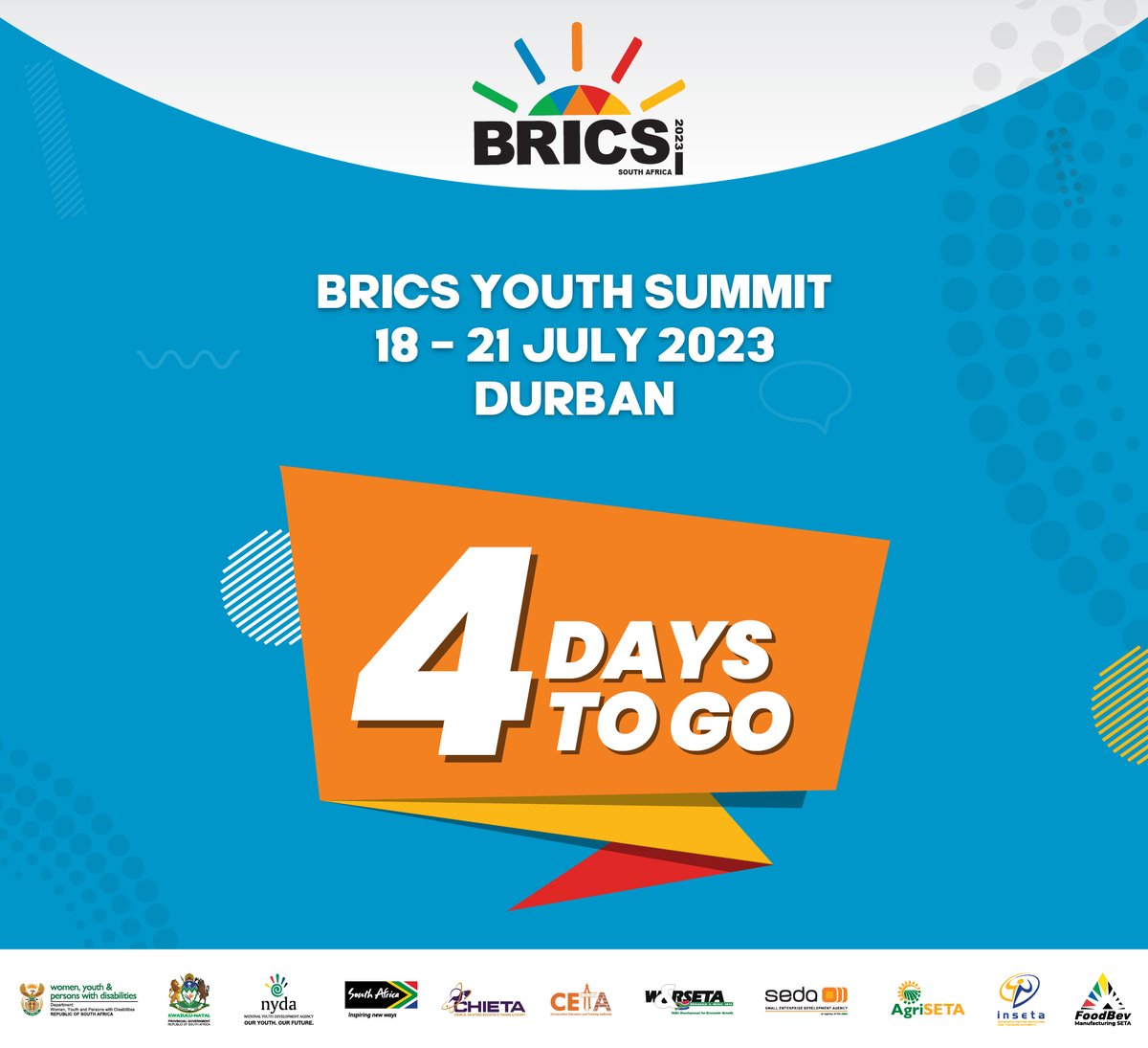 NYDARSA's tweet photo. BRICS YOUTH SUMMIT 18-20 July 2023!
There are just four days to go until the 2023 BRICS Youth Summit gets underway.
For more information visit the website at: https://t.co/bhXCV8wHWp
#BRICSYouthZA2023 #BRICSYouthSummit9 #BRICSSummit2023 #BRICSYouthInAction #BRICSFutureNow #BRICSYouthVoices #BRICSYouthLeaders #BRICSYouthInclusion #BRICSYouthNetwork