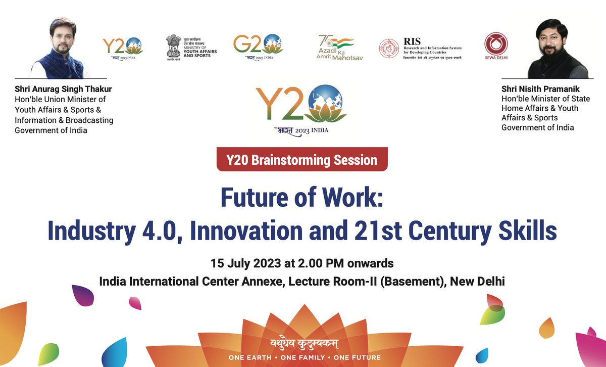 Happening Tomorrow!

<a href="/sewa_delhi1/">SEWA in Delhi</a> is hosting a <a href="/IndiaY20/">Y20 India</a> (Youth 20) Brainstorming Event on the ‘Future of Work: Industry 4.0, Innovation and 21st Century Skills,’ in collaboration with the <a href="/YASMinistry/">YAS Ministry</a>, along with <a href="/RIS_NewDelhi/">RIS</a>.

Join us at <a href="/IIC_Delhi/">India International Centre(Official Account)</a>, 2 PM onwards.