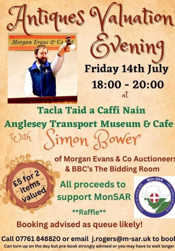 Antiques roadshow arrives today! Pop by this evening with something you maybe think is of value or interest! Raise money for charity! Snacks & drinks will be available book now or pay on the door 6pm prompt. A huge thanks to Simon bower from. Morgan Evans - Gaerwen Auction