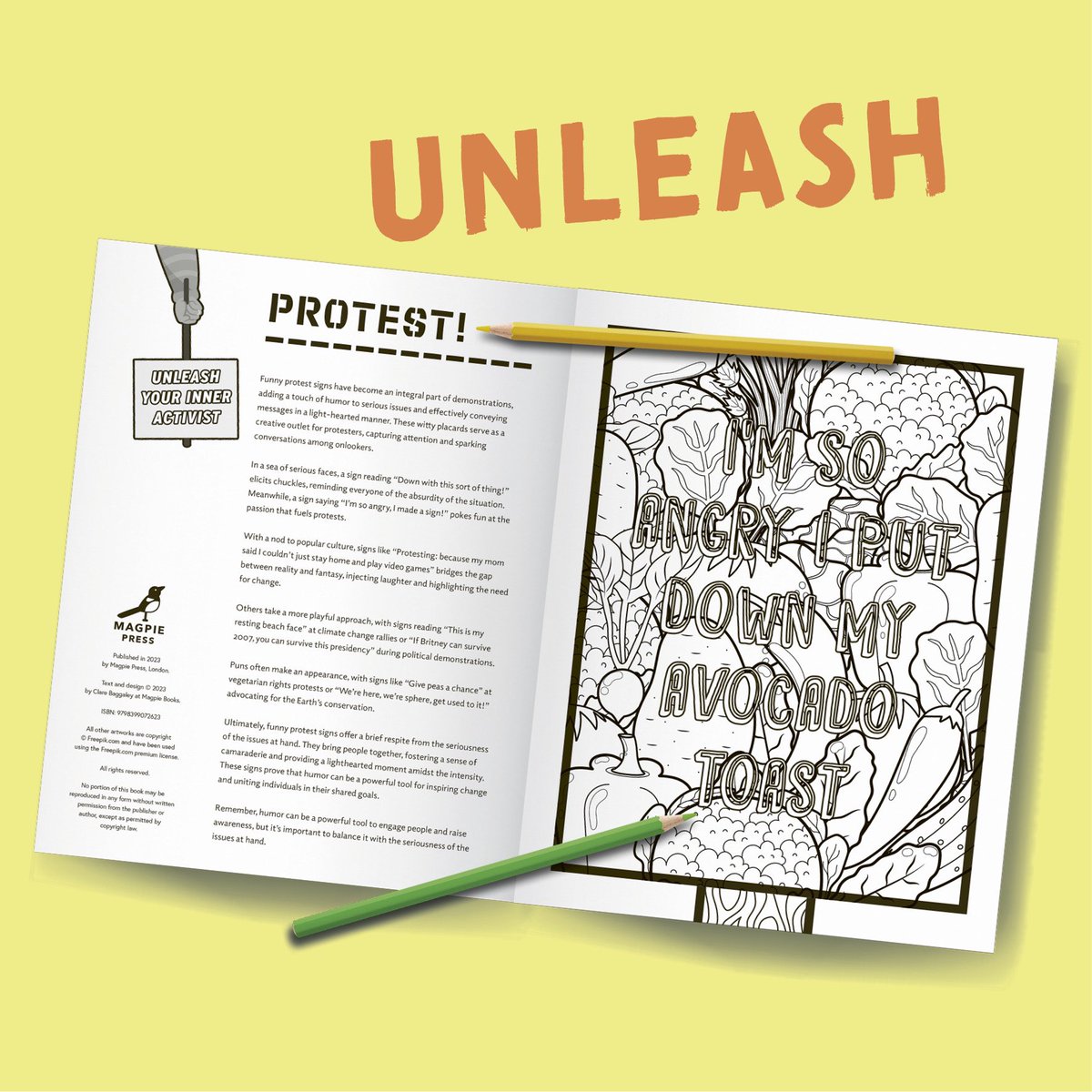 ClareBaggaley's tweet photo. Protest: Colorful Revolution!
Over 50 hilarious designs to color in &amp; share your message
Unleash your inner activist and add a splash of humor to the protest movement.
Color for change!
@magpiePressUK
@twopastten
#magpiepress_UK
#protest
#protestsigns
#clarebaggaleythebookmaker https://t.co/uPUfst2rhu