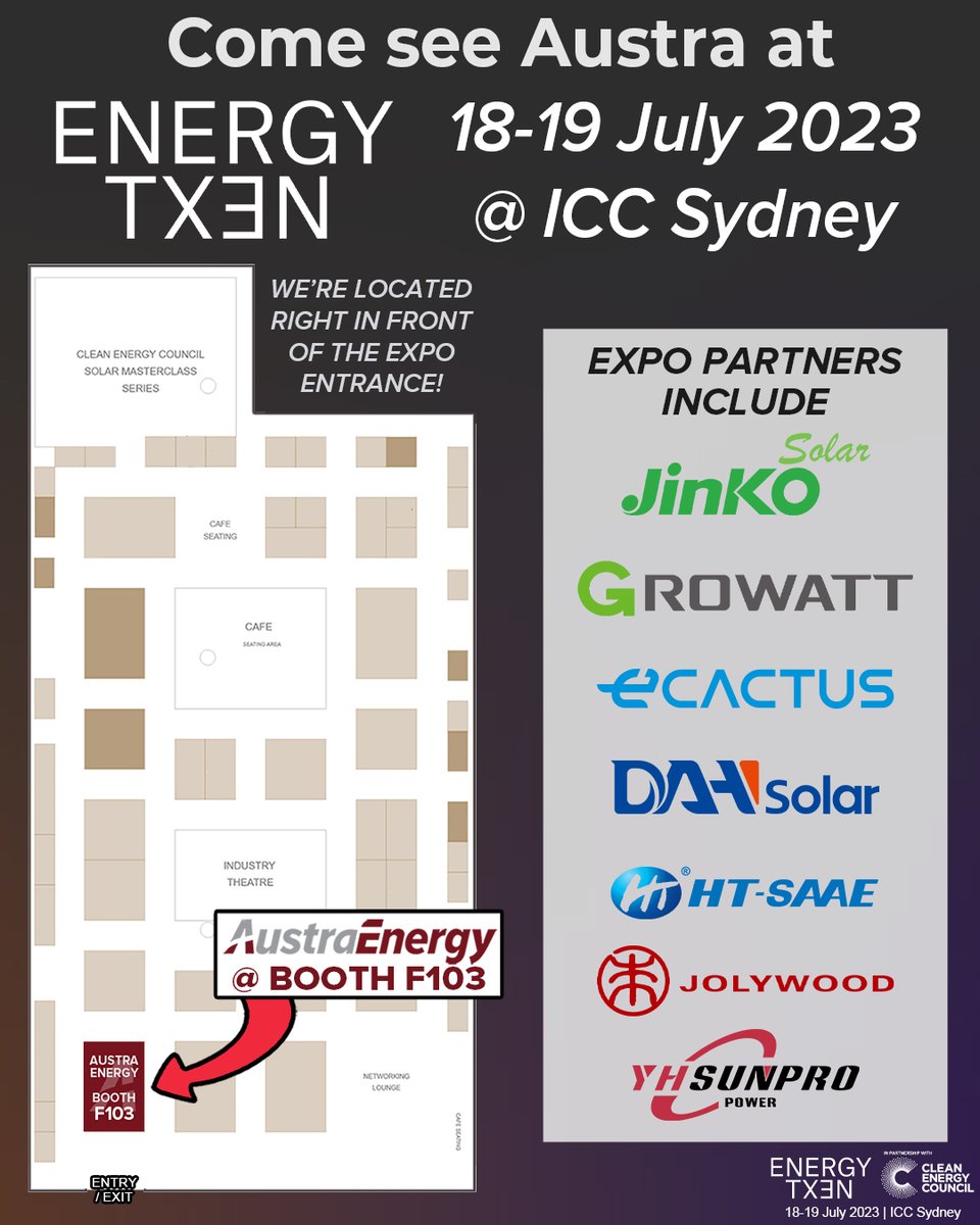 Austra Energy is excited to be at <a href="/EnergyNextAU/">energynextau</a> at ICC Sydney this next Tues &amp; Wed. Swing by our booth to hear the latest from our suppliers or for a chat. 

We're at booth F103, located just in front of the  expo hall entrance. We can't wait to see you there! #EnergyNext2023