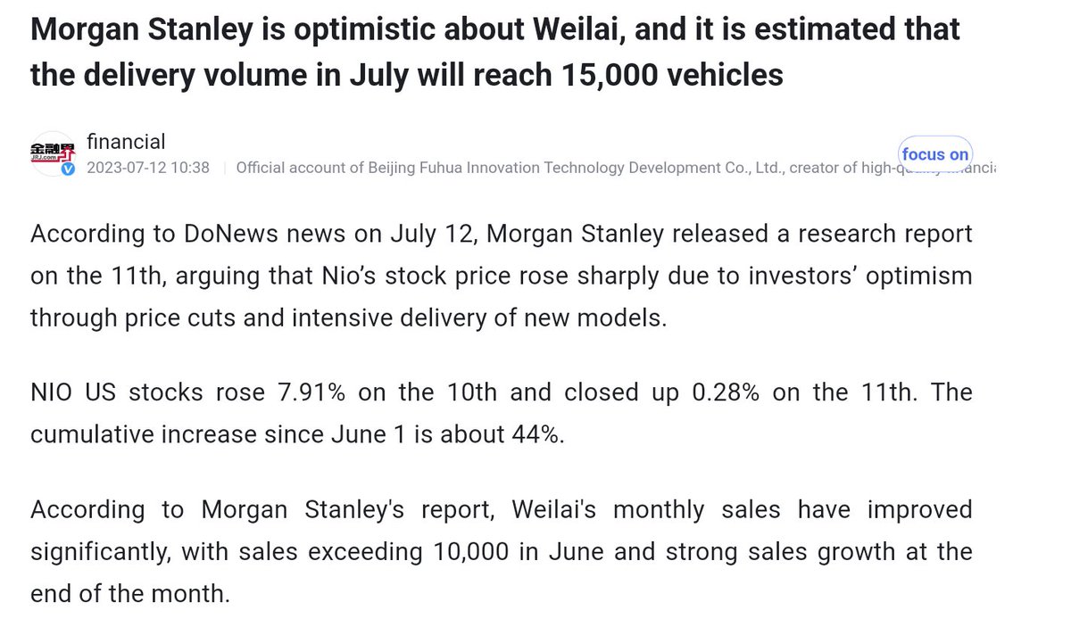 'Morgan Stanley MS is bullish on NIO and estimates that July deliveries will reach 15k.

MS released a research report on the 11/07 saying that NIO's stock price has risen sharply due to investor optimism from price cuts and intense new model shipments.'

@NIO #MorganStanley https://t.co/h8OnKWTaVq