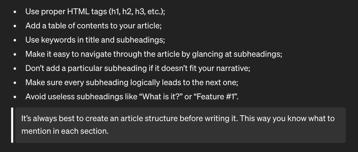 EtSpiritussanct's tweet image. 7/🧵 Create a comprehensive structure for your article. Use HTML tags, table of contents, keywords in titles and subheadings, and logical flow in your narrative. Make it easy to navigate through the article. #ArticleStructure #SEOtips