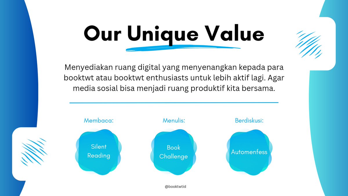 Apa sih Perbedaan Booktwt Indonesia Dengan yang Lain? 

Booktwt Indonesia akan selalu berusaha memberikan ruang baca aktif nan nyaman utk booktwts:
• Automenfess (Everyday) 
• Silent Reading (Weekly) 
• Book Challenge (Monthly)

Dukungan kalian sangat penting buat kami 💙