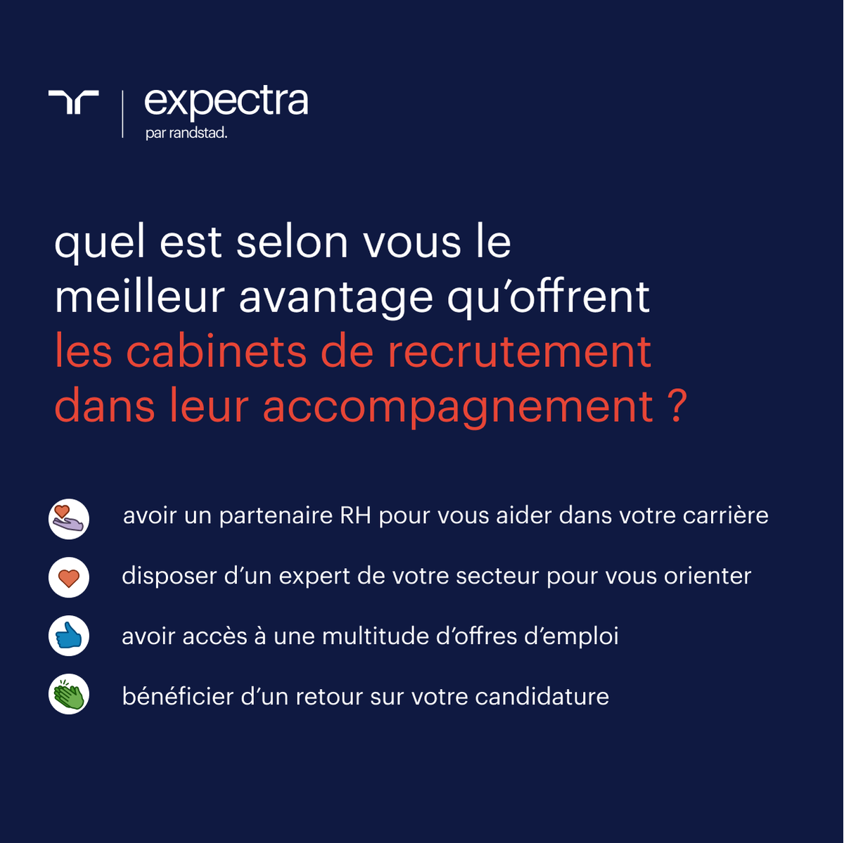 expectra_emploi's tweet photo. Nous vous accompagnons dans votre évolution professionnelle : en rejoignant Expectra, vous bénéficiez de réels avantages 💪. Selon vous, quel est le principal bénéfice qu’offre un cabinet de recrutement ? Dites nous tout 👇 ! https://t.co/qigilw0OI1