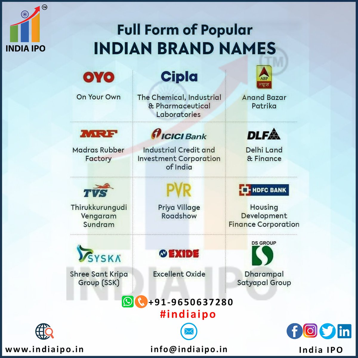 india_ipo1's tweet photo. For more details visit our website https://t.co/tqmZzM2CTJ or

call us at +91-9650637280.

Consultancy fee is applicable*

#indiaipo #indiaiposervice #ipo2023 #iponews #popularbrands #OYO #Cipla #ABPNews #MRF #ICICIBank #dlfproperties #TVS #PVR #HDFCBank #Syska #Exide #dsgroup https://t.co/IYvoSX9olm