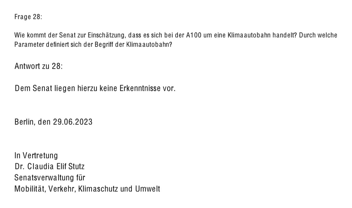 dvd_hrtmnn's tweet photo. Die CDU hat im Wahlkampf irgendwas von #Klimaautobahnen geschwafelt.

Jetzt müssen sie auf eine Anfrage von @Antje_Kapek offiziell zugeben:

Der Senat hat keine Ahnung, was eine Klimaautobahn sein soll.

#A100 

https://t.co/R4cg7atoeH https://t.co/IJUT11OeUO