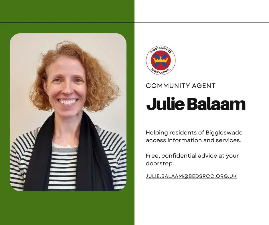 Meet Julie, Biggleswade's community agent! 🙌 

She's here to offer free and confidential advice to those who need it most. 

📞📧 Don't hesitate to get in touch! 

You can contact Julie on 07534 484750 or by email at julie.balaam@bedsrcc.org.uk 💻📲
