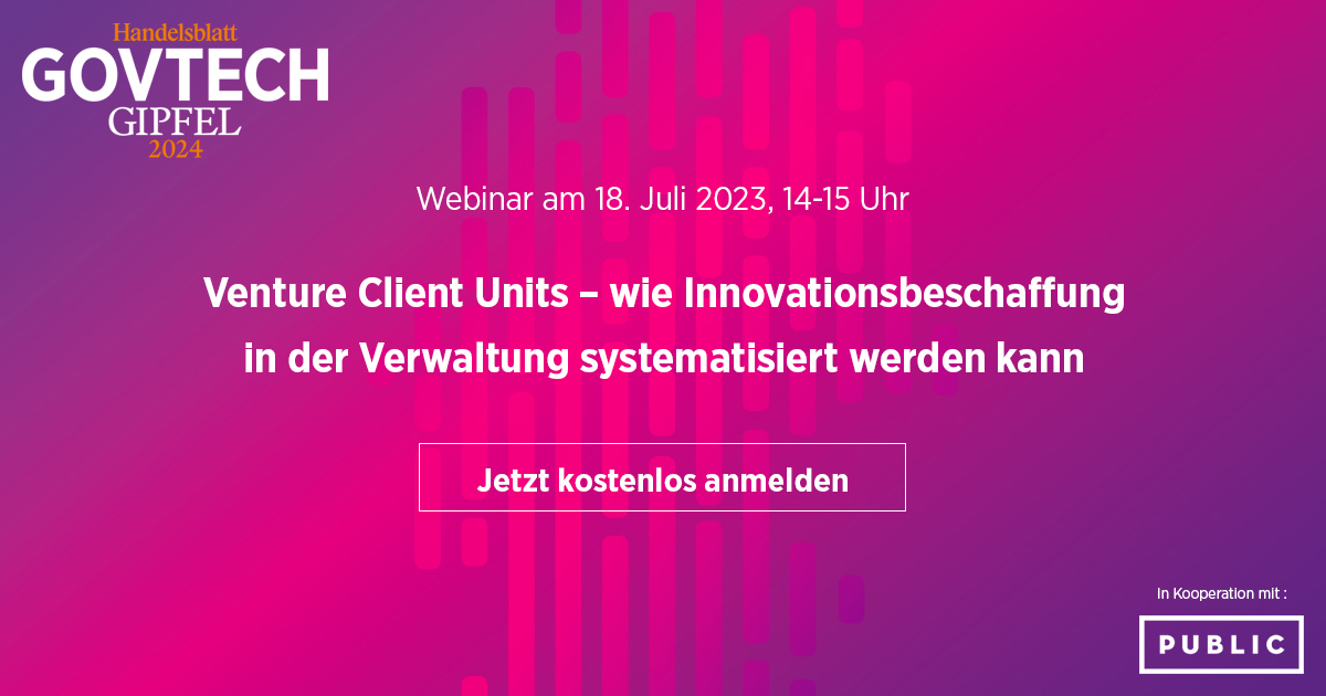 PUBLIC Deutschland (@public_germany) on Twitter photo Venture Client Units in der Verwaltung: Kostenfreies Webinar von <a href="/PUBLIC_Germany/">PUBLIC Deutschland</a> und <a href="/handelsblatt/">Handelsblatt</a>
Lernt in 60 Minuten, wie euch der Ansatz dabei hilft, innovative Lösungen für die Herausforderungen eurer Behörde zu entwickeln.
🗓️18.7., 14-15 Uhr
👉lnkd.in/ee4tE3xR Venture Client Units in der Verwaltung: Kostenfreies Webinar von <a href="/PUBLIC_Germany/">PUBLIC Deutschland</a> und <a href="/handelsblatt/">Handelsblatt</a>
Lernt in 60 Minuten, wie euch der Ansatz dabei hilft, innovative Lösungen für die Herausforderungen eurer Behörde zu entwickeln.
🗓️18.7., 14-15 Uhr
👉lnkd.in/ee4tE3xR