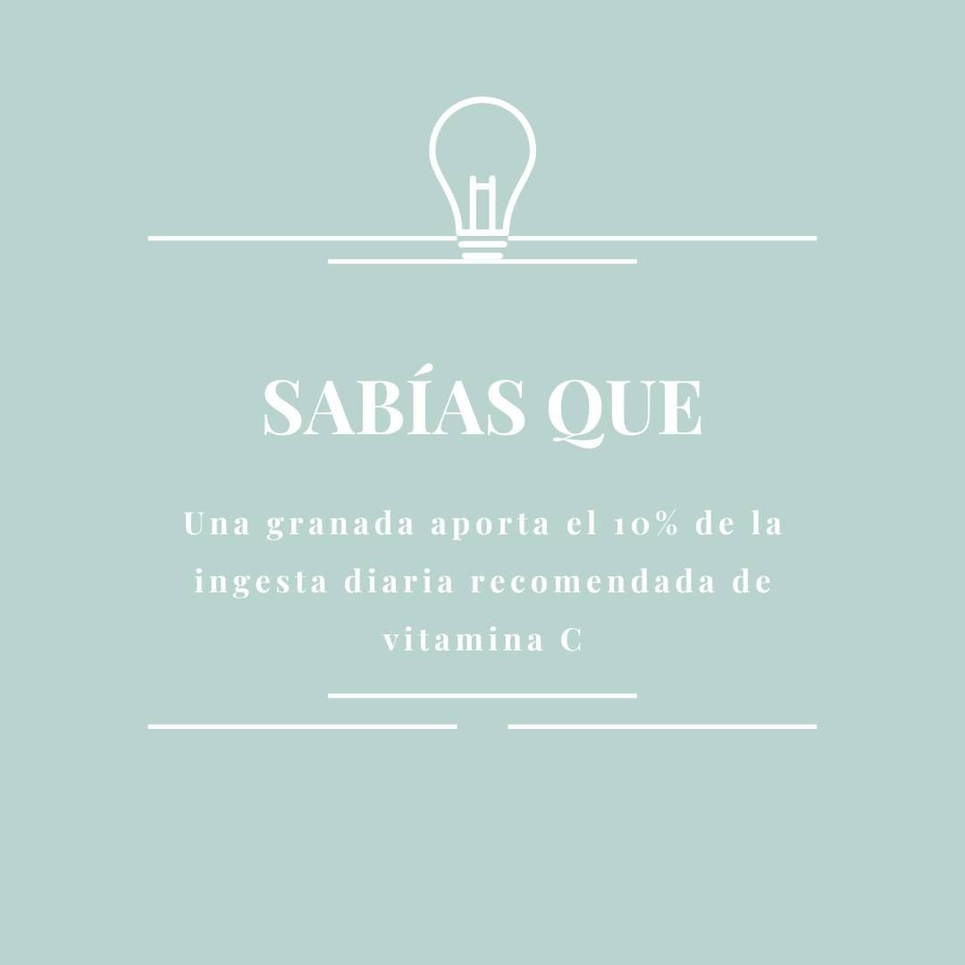 ¿Sabias que...? Una granada aporta el 10% de la ingesta diaria recomendada de vitamina C.

Pues sí, la granada aporta el 10% de la vitamina C recomendada. Además, el ácido cítrico, que confiere el sabor ácido característico de esta fruta, potencia la acción de la vitamina C