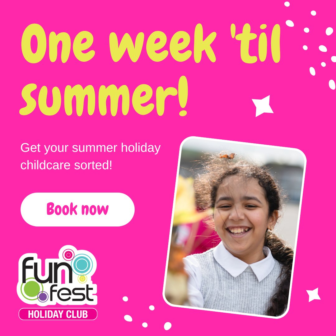 It's only one week until the summer holidays! It's not too late to book in extra sessions if you need them, you can do it all online at: ow.ly/orcT50P3gpo

#SummerChildcare #SummerHolidays #SchoolHolidays