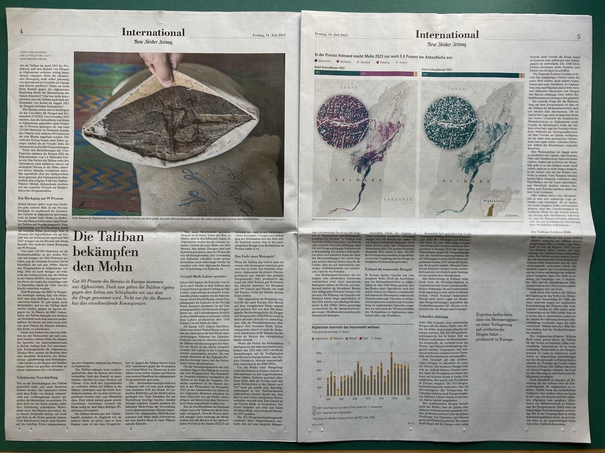Die Taliban machen ernst mit dem Kampf gegen die Drogen. Auf Druck der Islamisten ist der Mohnanbau in Afghanistan drastisch zurückgegangen. Dies hat weitreichende Konsequenzen für die Bauern, aber auch für Europa. Meine Recherche in der <a href="/NZZ/">NZZ</a> mit <a href="/LiaPescatore/">Lia Pescatore</a> und <a href="/adinarenner/">Adina Renner</a>.