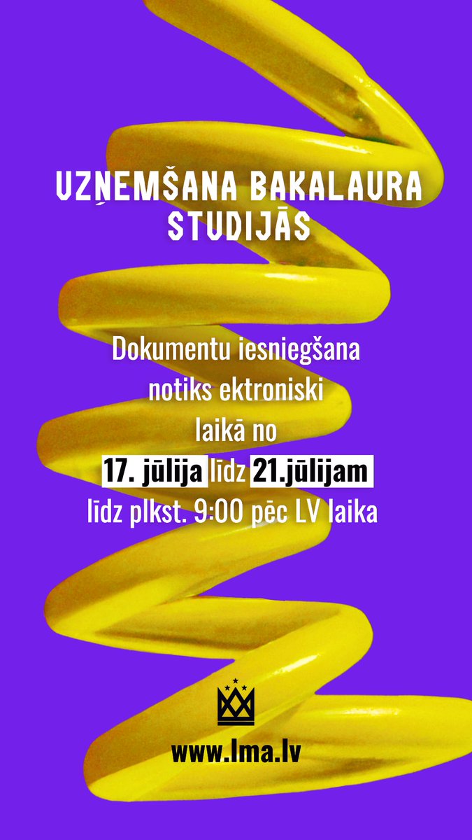Nāc studēt mākslu, dizainu vai mākslas vēsturi Latvijas Mākslas akadēmijā! Dokumentu iesniegšanas forma, uzņemšanas noteikumi, iestājpārbaudījumu uzdevumi pieejami šeit: ieej.lv/JUEM1