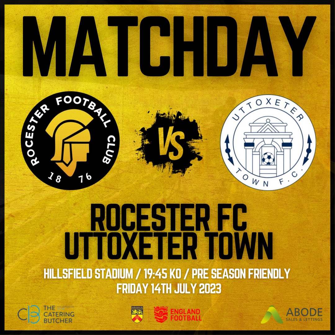 𝗠𝗔𝗧𝗖𝗛𝗗𝗔𝗬! 🟡⚫️

⚽️ Rocester Vs <a href="/UttoxeterTownFC/">Uttoxeter Town FC</a> 

🗓14/07/23

🤝Preseason friendly 

🕝 19:45 Kick Off

🏟 Hillsfield Stadium, Rocester, ST14 5JX

🎟 Adult £3 / Concession £1

👋🏻 See you there!