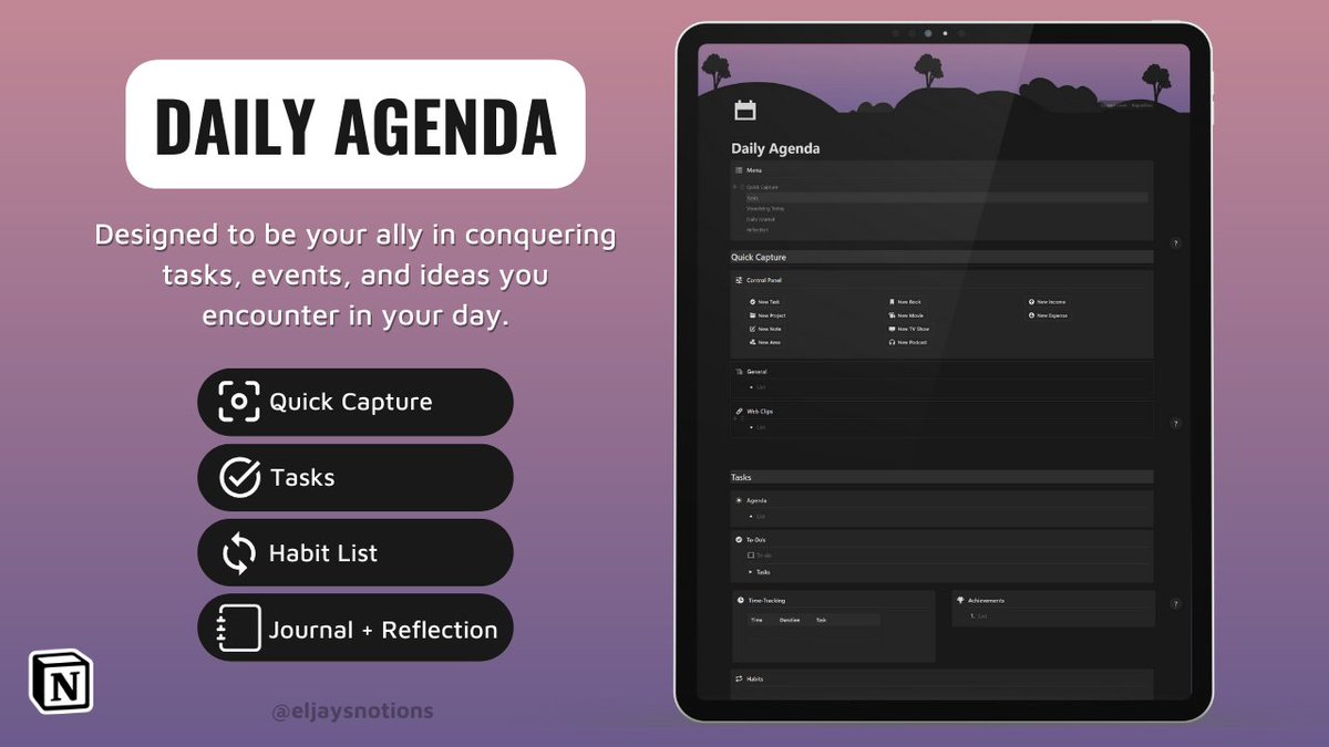 eljaysnotions's tweet photo. 🚨 TEMPLATE LAUNCH 🚨

Every day, you face the beast:  your tasks, meetings, ideas, media, and more.

The Daily Agenda serves as your sword &amp; shield to tame the beast &amp; conquer the day!

To wield this for FREE:
- Follow (So I can DM)
- Like + RT
- Comment: "Daily Agenda"

[48hrs] https://t.co/Zl4tKDig6f