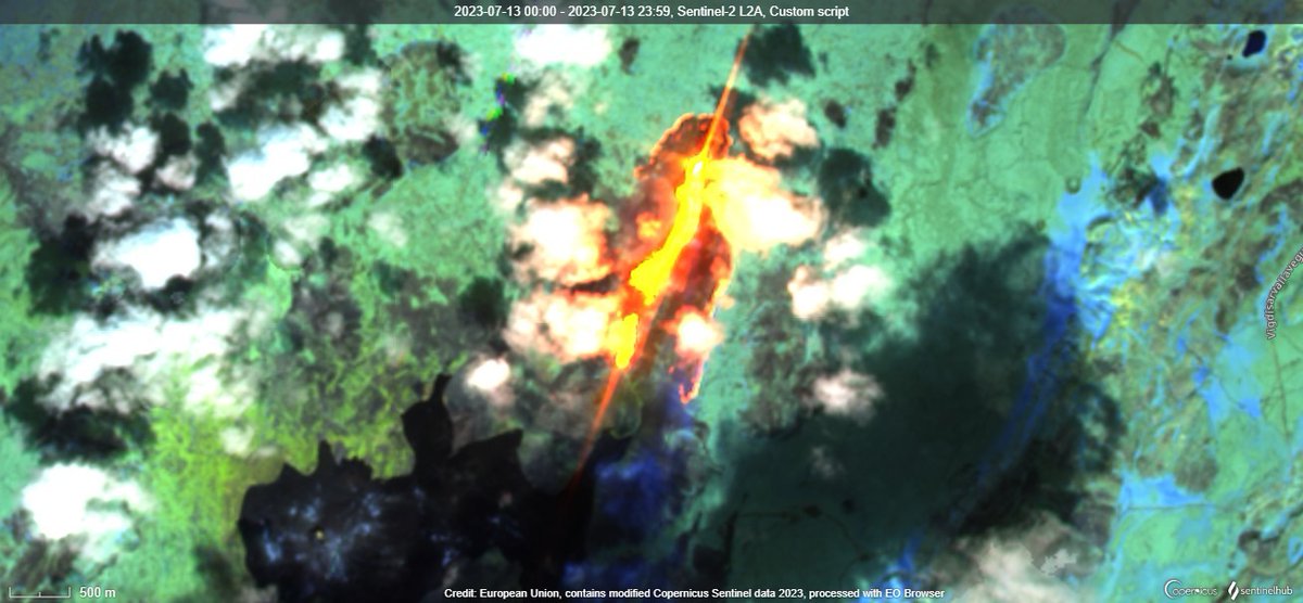 SHS_Space's tweet photo. 🌋#Iceland 🇮🇸 Despite some cloud Sentinel-2 SWIR image from 13-Jul-23 shows the progress of the lava flow at #Fagradalsfjall volcano. RH image from 11-Jul-23 for comparison. Small thermal anomaly in bottom left from last year's event. (Data @sentinel_hub, @CopernicusEU, @ESA_EO) https://t.co/7WXyN2GegC