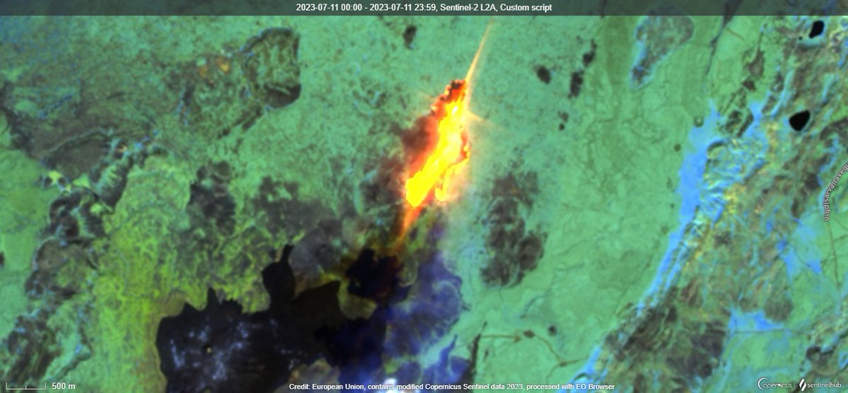 🌋#Iceland 🇮🇸 Despite some cloud Sentinel-2 SWIR image from 13-Jul-23 shows the progress of the lava flow at #Fagradalsfjall volcano. RH image from 11-Jul-23 for comparison. Small thermal anomaly in bottom left from last year's event. (Data <a href="/sentinel_hub/">Sentinel Hub</a>, <a href="/CopernicusEU/">Copernicus EU</a>, <a href="/ESA_EO/">ESA Earth Observation</a>)