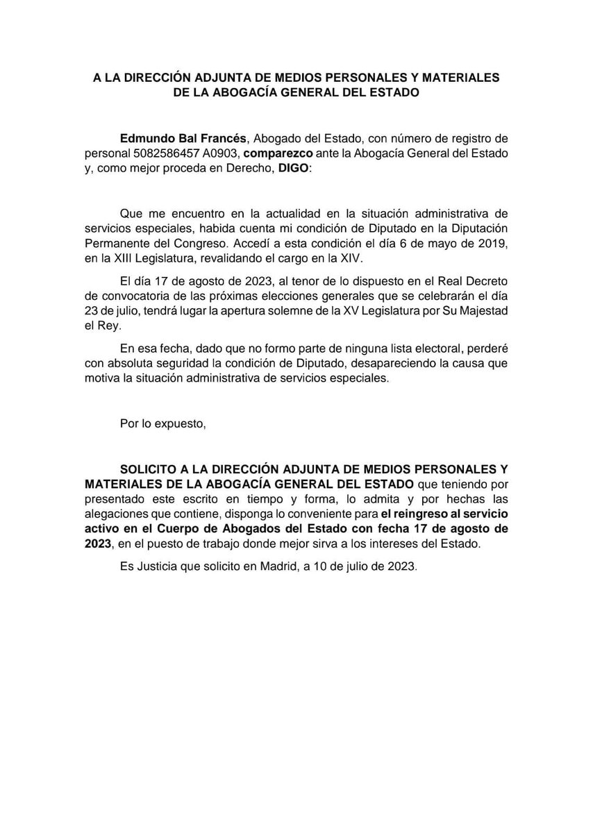 BalEdmundo's tweet photo. Esta semana he solicitado mi reingreso en la Abogacía General del Estado. La que ha sido mi casa profesional de siempre. Donde lo aprendí todo hasta que la política se cruzó en mi camino. Días de muchas y variadas emociones. Y una convicción: seguiré luchando por servir a España. https://t.co/u0KIpRylVV