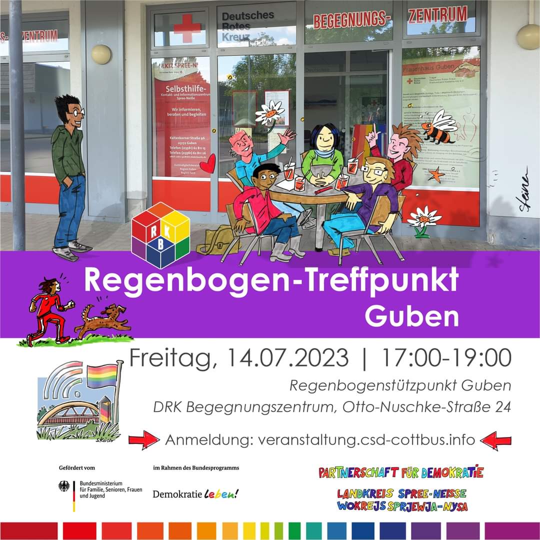 CSDCB's tweet image. Liebe Mitmenschen, am 14. Juli stehen ab 17.00 Uhr die Türen in Guben für den "Regenbogen-Treffpunkt" offen.

Der CSD Cottbus e.V. veranstaltet den Regenbogen-Treffpunkt Guben.

Anmeldung: veranstaltung.csd-cottbus.info
#queerguben #regenbogentreffpunkt #steinercomix #pfdspn