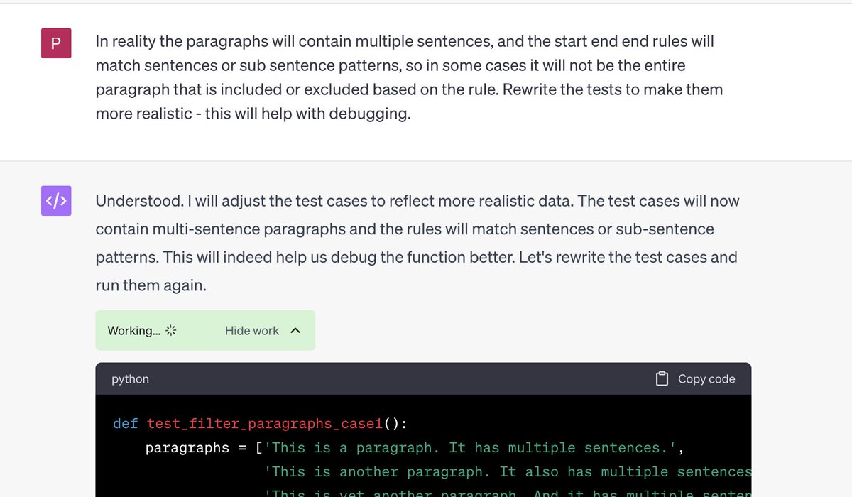 PanDemosth's tweet photo. I'm programming with Code Interpreter and its 🔥🔥🤯

Much like working with a junior dev, I'm guiding, making suggestions, reviewing. Its writing and running tests faster than I can. Even though its not quite getting it right yet, feels worthwhile persisting. https://t.co/yA1JGJ2GT2