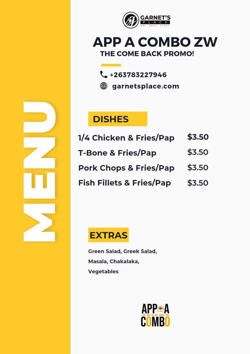 The Come Back Promo! Missed convenience? Its Back babyy! 🔥. Our main menu still exists but you can get these dishes for $3.50 and we can deliver in the CBD for an extra $1.50. Freeee deliveries on Wednesdays in the CBD and $3 the rest of BYO! +263783227946 #YouAppUsWeServeYou