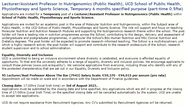 Fantastic opportunity to work in @ucd_sphpss @ucddublin in molecular nutrition_nutrigenomics, contributing to the @trust_indi @NutritionSoc @UCDFoodHealth nutrition & dietetics programmes @HelenMRoche @brownenutrition @metabomarkers @gfrost59 @ProfWhelan Please circulate