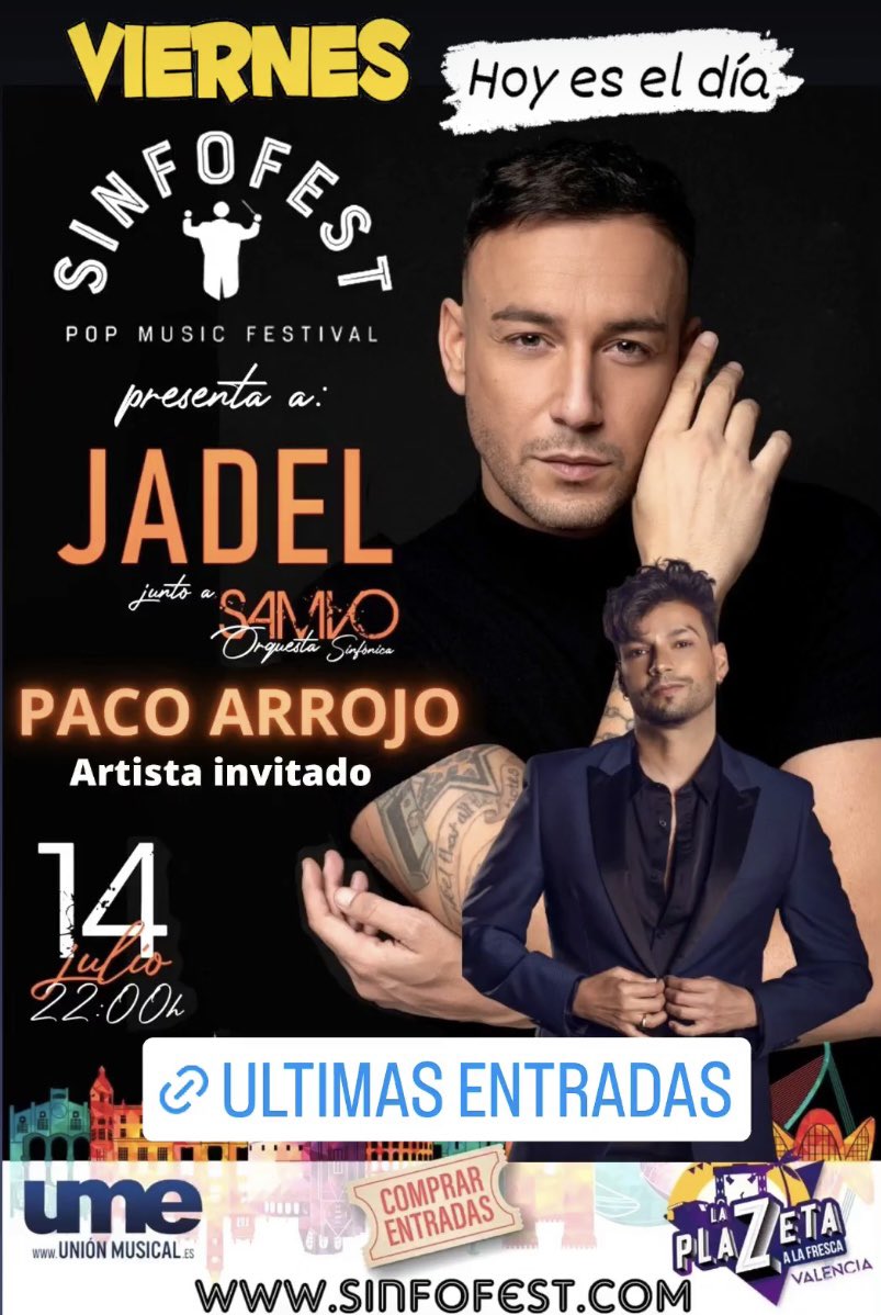 Llegó el día! Hoy se inaugura <a href="/SinfoFest/">SinfoFest</a> el primer Festival de artistas Pop con banda sinfónica en Valencia y arrancamos con el gran <a href="/JADELOFICIAL/">Jadel</a> y de artista invitado nuestro querido @PacoArrojoLaVoz últimas entradas disponibles