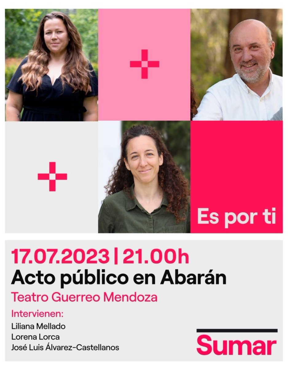 IUVerdesAbaran's tweet photo. Acto de Sumar en Abarán

📆 Lunes 17 de julio
🕒 21:00h
📍Teatro Guerrero Mendoza.

Contaremos con Liliana Mellado y Lorena Lorca, candidatas al Congreso por Sumar y José Luís Álvarez Castellanos, coordinador de IU-Verdes Región de Murcia.

¡Te esperamos!

#EsPorTi https://t.co/vDc6r8aFVh
