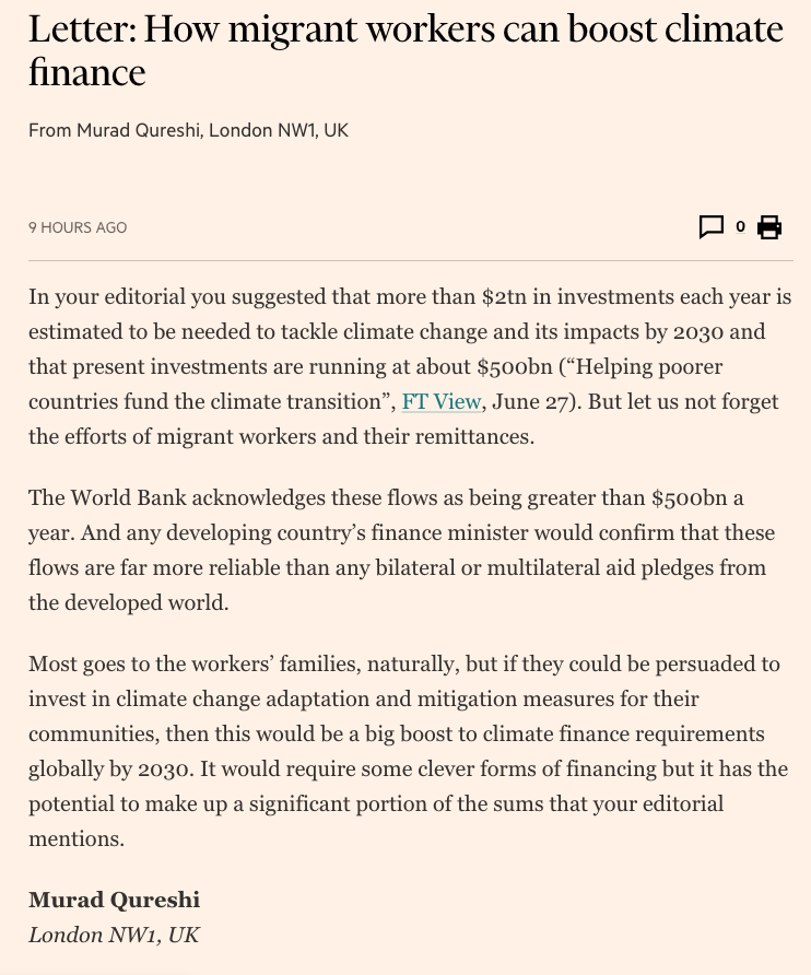 MuradQureshiLDN's tweet photo. Letter in @FT : How migrant workers can boost #climatefinance   https://t.co/ObWgfjGIIA  @WorldRemit @WorldBank https://t.co/q0p5B3yhG2