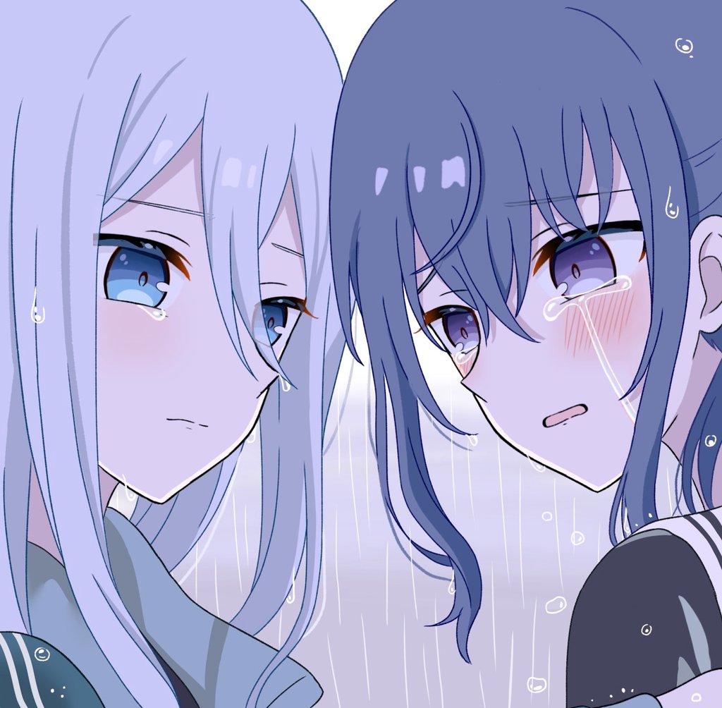 multiple girls 2girls blue eyes blue hair crying rain tears  illustration images