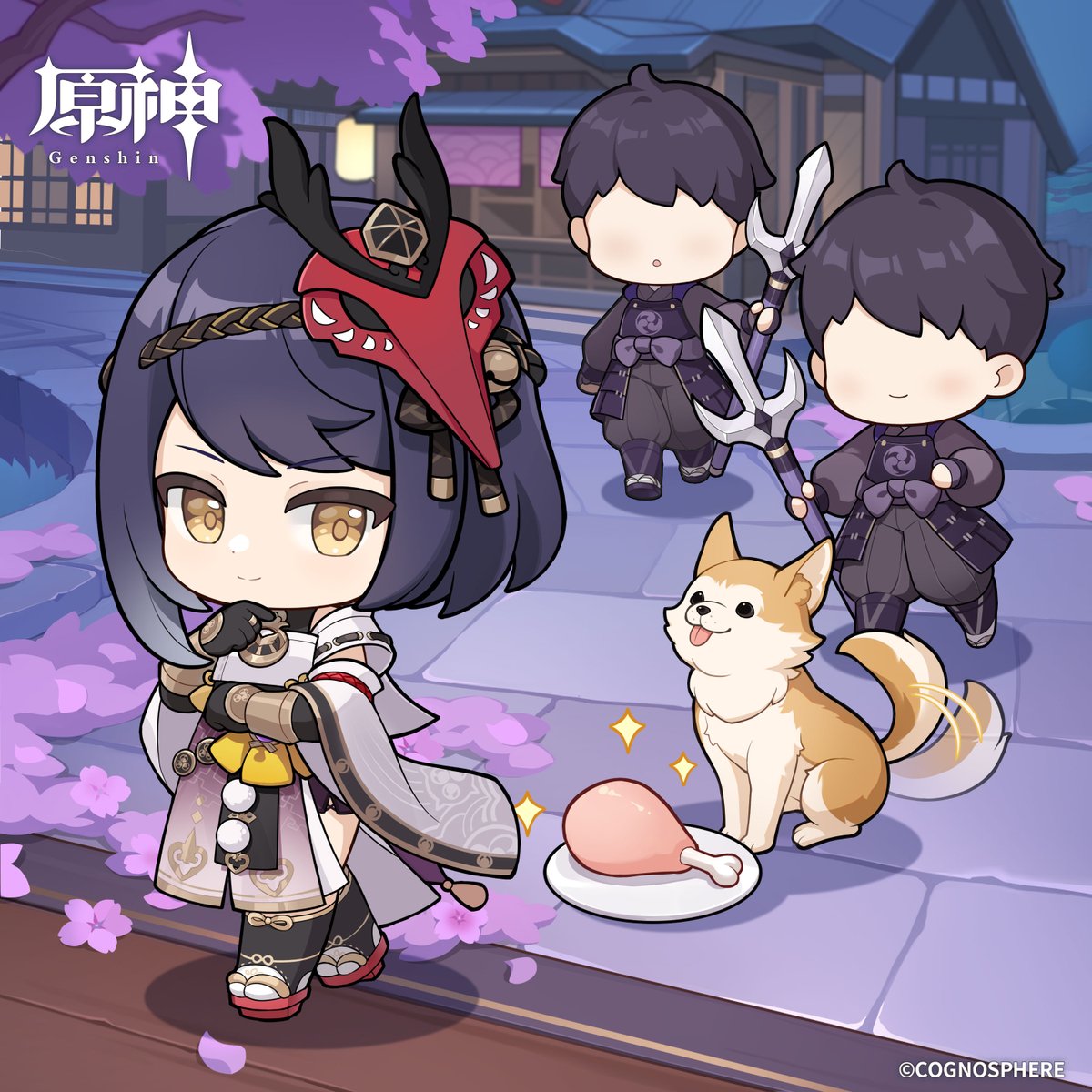 【九条裟羅生誕祭】
「裟羅はあっちだ！旅人、はやくプレゼントを渡しに行こうぜ！」
「あれ？子犬の前にエサが置いてあるぞ…誰がやったんだ？」

#原神_キャラ生誕祭