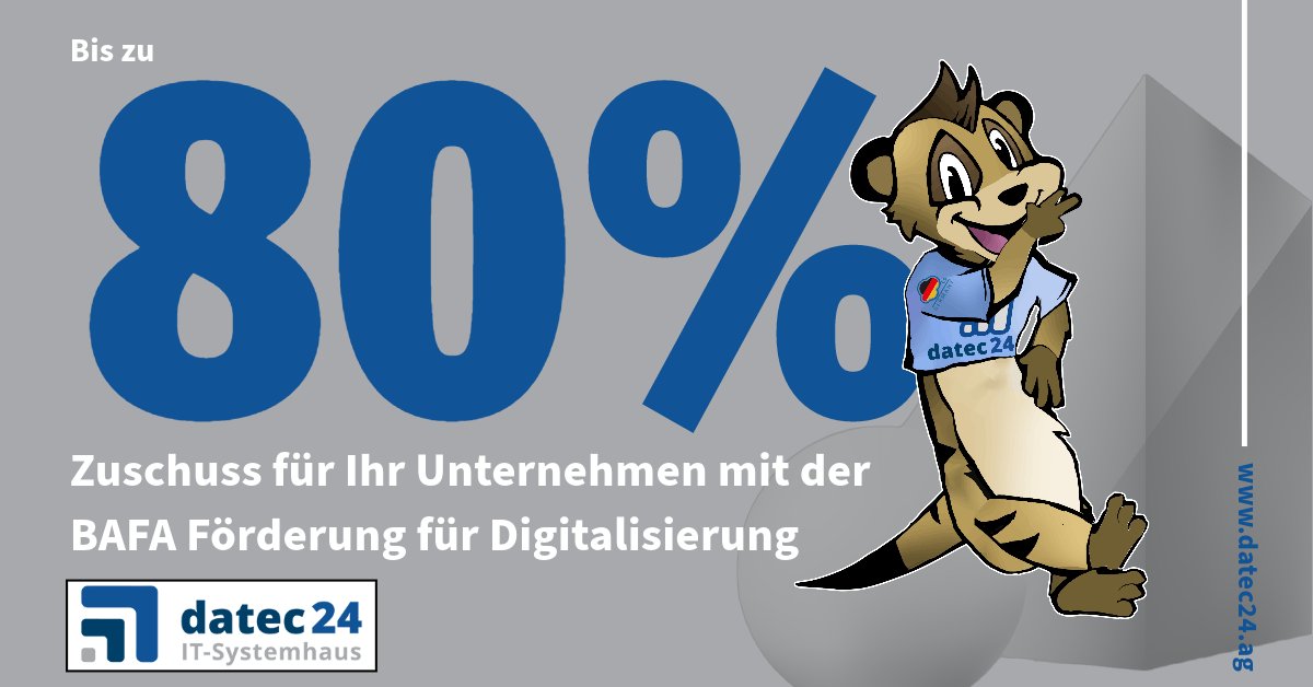 datec24AG's tweet photo. Profitieren Sie von bis zu 80% Zuschuss für Ihr Unternehmen mit der BAFA-Förderung für #Digitalisierung. Entdecken Sie die vielfältigen Möglichkeiten für Ihre Projekte und erhalten Sie kostenlose Beratung. #Förderprogramm #Unternehmen #Zukunft sichern mit https://t.co/iTkhSmm4D5 https://t.co/P7nOF3dCRM