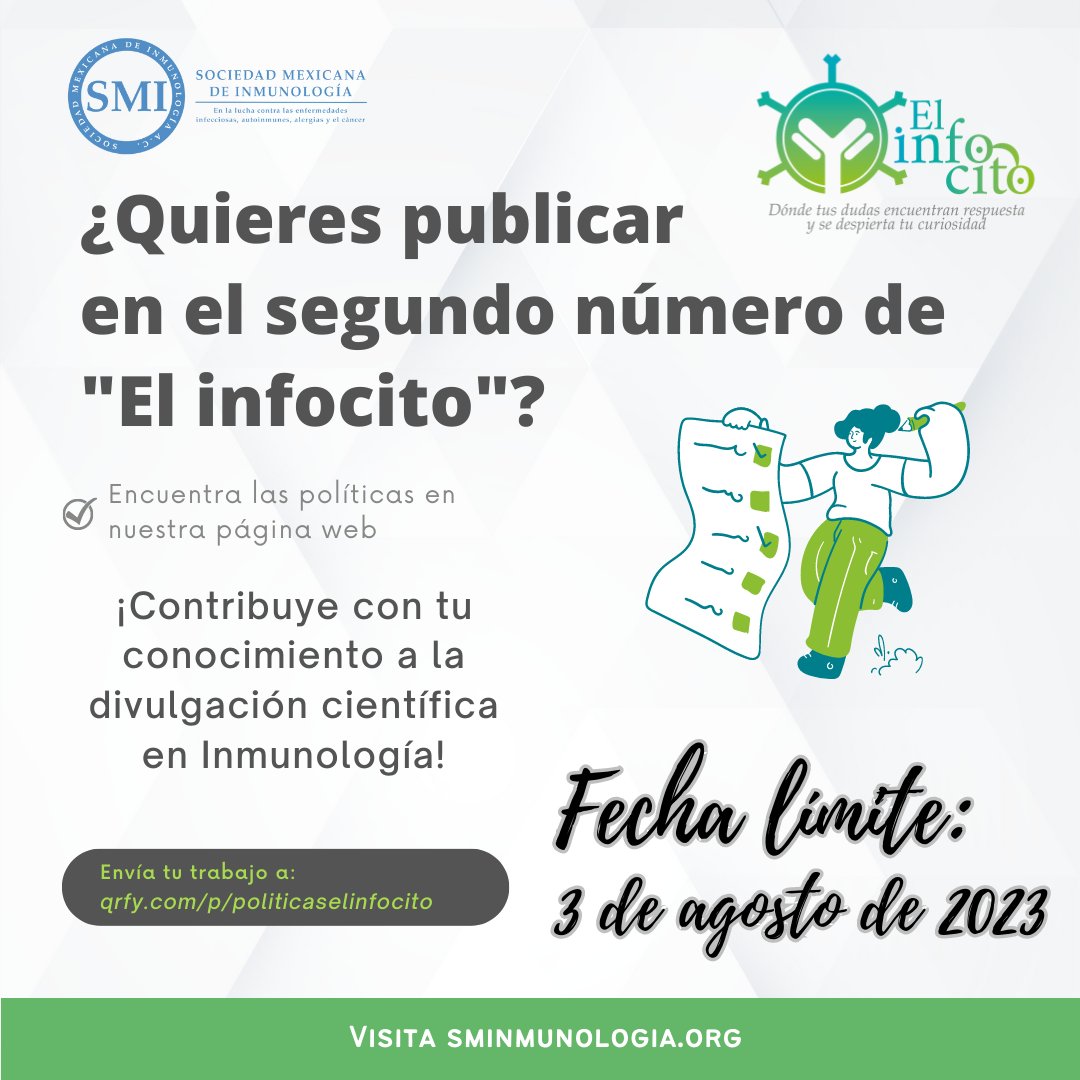 ¡Convocatoria abierta para el 2do número de 'El Infocito' 📘! Si eres amante de la #inmunología y tienes algo que decir 📢, es tu momento. Envía tu propuesta antes del 3 de agosto: forms.gle/GyX5bws9wHUL2o…. 
¡Ilumina el camino de la sociedad con tu contribución! 💡#ElInfocito #SMI