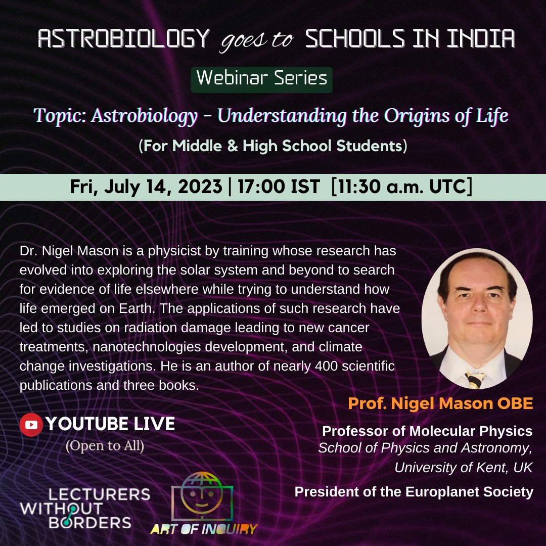 Kashish Gupta (@kashcosmos) on Twitter photo Calling all middle and high school students! Join <a href="/artofinquiry/">Julia @www.artofinquiry.net</a> and <a href="/lecturerswb/">Lecturers Without Borders</a> for an intriguing webinar on Astrobiology- Understanding the Origins of Life with Prof. Nigel Mason OBE.
📅 Date: July 14
⏰ Time: 11:30 am UTC
🔗 YouTube Live link: youtube.com/@lecturerswb/s… Calling all middle and high school students! Join <a href="/artofinquiry/">Julia @www.artofinquiry.net</a> and <a href="/lecturerswb/">Lecturers Without Borders</a> for an intriguing webinar on Astrobiology- Understanding the Origins of Life with Prof. Nigel Mason OBE.
📅 Date: July 14
⏰ Time: 11:30 am UTC
🔗 YouTube Live link: youtube.com/@lecturerswb/s…