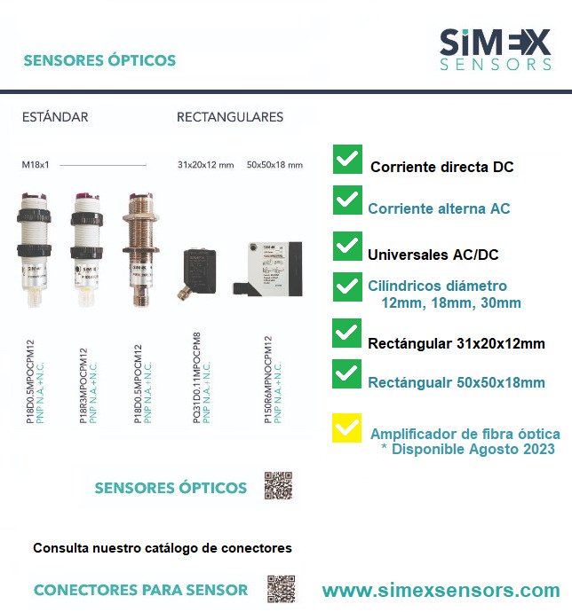 Sensores ópticos cilíndricos diámetro 12, 18, 30mm. Rectangulares corriente directa, alterna, universales. Información info@simexsensors.com