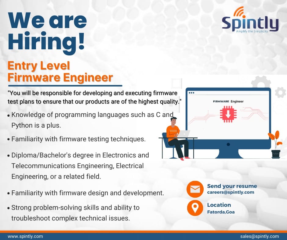 Spintly2's tweet image. Spintly is searching for a "Firmware Engineer " to join their team. If you have what it takes, then email us your resume at careers@spintly.com or apply at lnkd.in/gm_mmA43 or WhatsApp at 8275022406
#Spintly #hiring #FirmwareEngineer #accesscontrolsystem