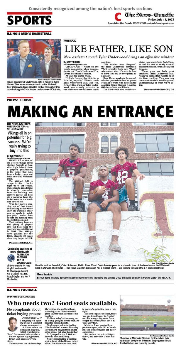 News-Gazette Preps (@ngpreps) on Twitter photo Friday's N-G sports cover feat. <a href="/JoeyWright2000/">Joey Wright</a> on <a href="/DHSVikings118/">DHS Vikings Athletics</a> football as our preseason No. 6 team, plus <a href="/srrichey/">Scott Richey</a> on Tyler Underwood and <a href="/BobAsmussen/">Bob Asmussen</a> on #Illini football ticketing process.
<a href="/APSE_sportmedia/">APSE</a>
<a href="/ngphotostaff/">News-Gazette Photo</a>
Sign up for our newsletter: bit.ly/3M9lNU4 Friday's N-G sports cover feat. <a href="/JoeyWright2000/">Joey Wright</a> on <a href="/DHSVikings118/">DHS Vikings Athletics</a> football as our preseason No. 6 team, plus <a href="/srrichey/">Scott Richey</a> on Tyler Underwood and <a href="/BobAsmussen/">Bob Asmussen</a> on #Illini football ticketing process.
<a href="/APSE_sportmedia/">APSE</a>
<a href="/ngphotostaff/">News-Gazette Photo</a>
Sign up for our newsletter: bit.ly/3M9lNU4